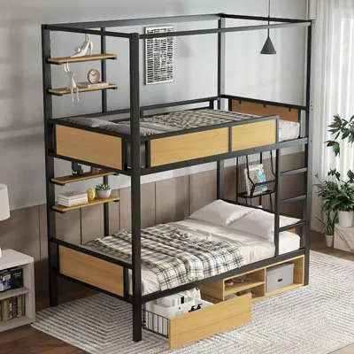 Produktbild von Etagenbett 90x200 cm schwarz natur, Metall Etagenbett mit MDF, doppeltem Ablageboard und Stauraum, Bettgestell für Schlafzimmer