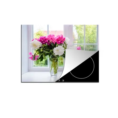 Produktbild von KitchenYeah© Herdabdeckplatte Blumen - Pfingstrosen - Vase , 57x51cm, Küche Deko, Glaskeramikkochfeld Herdabdeckung, Abdeckplatte fùr Kochfeld