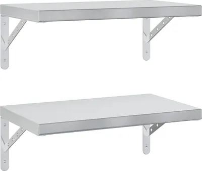 Two identical stainless steel wall shelves are shown against a white background.