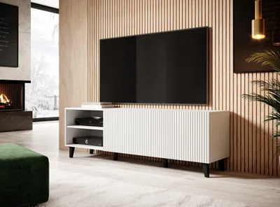Produktbild von TV skrinka PAFOS 150 cm biela matná čierne nohy s frézovanými čelami TV stolík TV stolík príborník komoda Hi-Fi stolík
