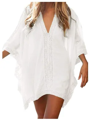 Imagen del producto de Vestido de playa para mujer - Cuello en V y - Tallas grandes - Algodón - Color liso - Favorecedor y ligero - Ideal para cubrir el traje de baño