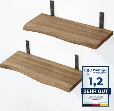 Produktbild von LAMO Manufaktur 2 Stück Wandregal Holz 2x 40cm | Schweberegal Massiv 100% Echtholz | Hängeregal für Wohnzimmer, Schlafzimmer, Büro, Badezimmer | Wandregale SET 2 Baumkante |Regal Farbe: Nussbaum