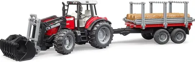 Produktbild von bruder 02046 - Massey Ferguson 7480 mit Frontlader, Holztransportanhänger, 3 Baumstämmen - 1:16 Traktor Trecker Schlepper Transportanhänger Tieflader Landwirtschaft Bauernhof Spielzeug
