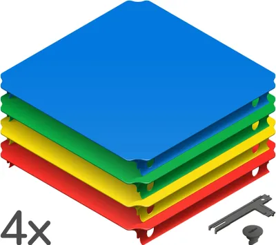 A stack of four colored plates and a tool.