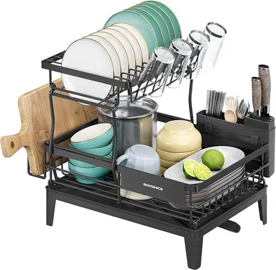 Produktbild von PolkaHome® Geschirrabtropfständer 2-stöckig, Abtropfgestell mit Abtropfschale, Besteckkorb, 31 x 42 x 36,5 cm, für 2-4 Personen,