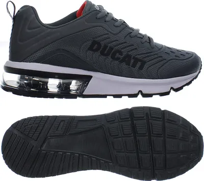 A pair of Ducati sneakers shown from a side view and the sole view.