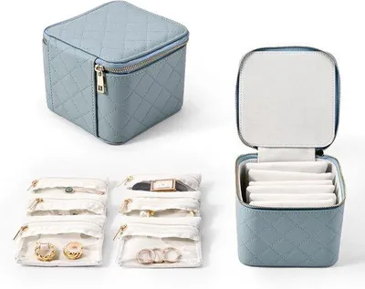 Produktbild von Famanu Schmuckorganizer mit transparenter Schmucktasche für Ohrringe, Armband, Halskette, Ring, kompakte Aufbewahrungsbox, Schmuckrolle (hellblau)