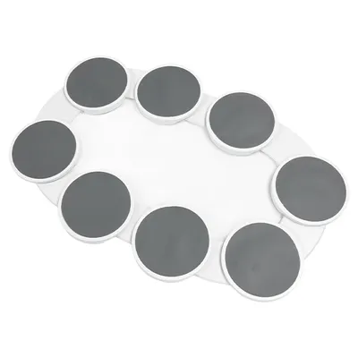 A white oval-shaped serving tray with eight circular gray plates arranged around its edge.