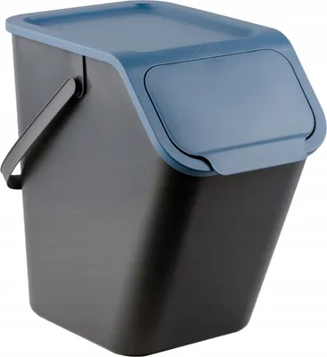 A black and blue trash can with a lid, shown from a side angle against a white background.