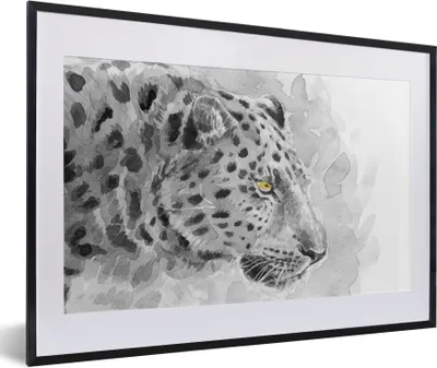 Produktbild von MuchoWow® Gerahmtes Poster Leopard - Schwarz - Weiß - Profil 60x40 cm - Poster mit Schwarzem Bilderrahmen Wandposter Rahmen Foto Bilder - Schlafzimmer - Plakat in Rahmen - Drucken