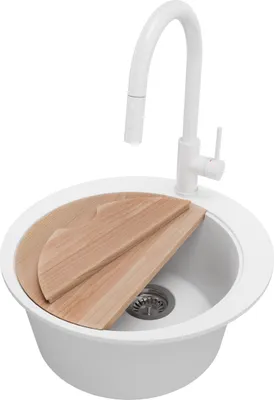 Produktbild von PRIMAGRAN Granitspüle Weiß 50x50cm, Spülbecken Rund 1 Becken + Küchenarmatur 40x20cm + Ablauf-Set + Schneidebrett, Küchenspüle ab 45er Unterschrank - Pisa