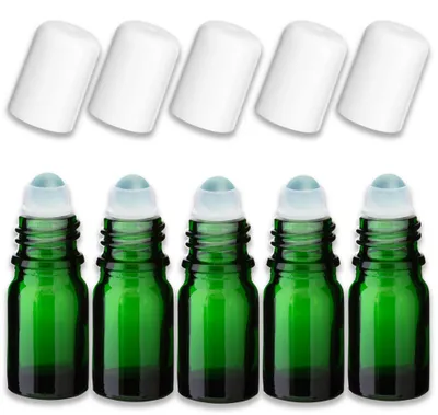 Produktbild von 5x Grüne Glasflasche 5 ml Roll-On mit weißem Verschluss – Fläschchen