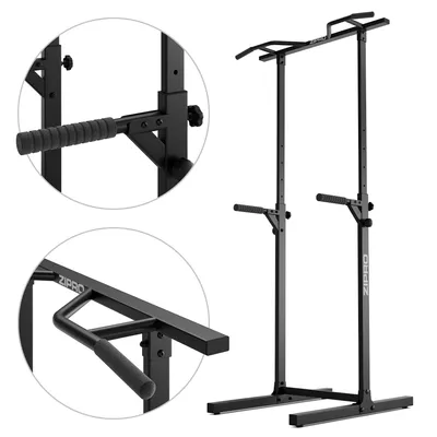 A black multi-functional fitness station with pull-up bar and dip station, shown with close-up insets of the handles.