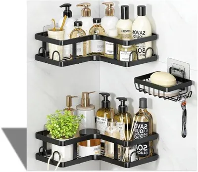 Image de Panier de douche autocollant, lot de 3, acier inoxydable noir