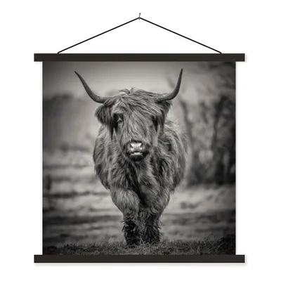 Produktbild von MuchoWow® Textilposter Schottischer Highlander - Schwarz und Weiß 40x40 cm mit schwarzem Rahmen - Fotos