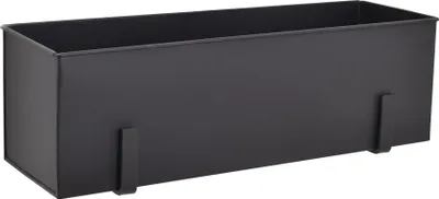 A black metal planter box with hooks for hanging.