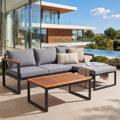 Produktbild von Garten-Garnitur MCW-L26b, Gartenlounge Sitzgruppe Lounge-Set Sofa, Aluminium Akazie Holz MVG-  dunkelgrau