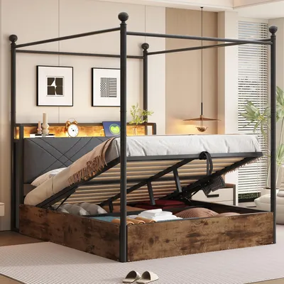 Produktbild von Flieks Hydraulisches Jugendbett 140x190cm mit Stauraum, Doppelbett Metallbett mit Led, Stauraumbett Eisenbett mit Ladefunktion, Schwarz