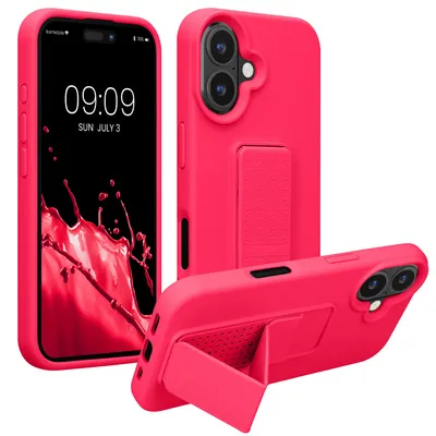 Produktbild von kwmobile Handyhülle für Apple iPhone 16 Hülle - TPU Silikon Case mit Fingerhalter und Stand - Schutzhülle Cover in Neon Pink