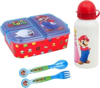 Produktbild von Super Mario Luigi Kinder 4 teiliges Set Brotdose - Gabel Löffel Alu-Trinkflasche