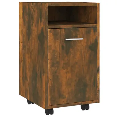 A brown wooden filing cabinet with wheels on a white background.