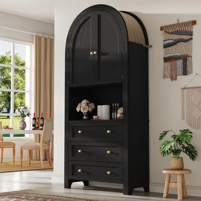 Produktbild von Bogenschrank Hochschrank 70x35x180cm aus MDF, Vitrine mit Schubladen & Türen, Modernes Bogenregal für Küche Wohnzimmer, Schwarz/weiße