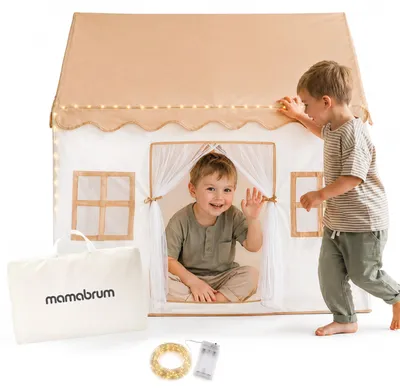 Obrázok produktu pre Detský hrací stan – zámok s oknami, LED osvetlením, veľkosť XXL, z oxfordského polyesteru, béžový, do izby aj do záhrady, 95 x 125 x 130 cm