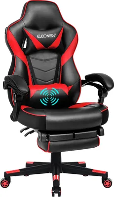 Image de Puluomis Chaise de jeu avec massage et repose-pieds, chaise de bureau chaise de bureau Racing chaise ergonomique150Kg, siège de sport chaise pivotante réglable en hauteur chaise d'ordinateur, noir, rouge