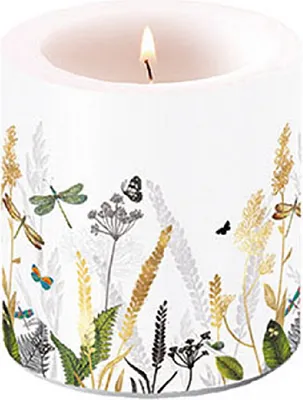 Produktbild von Kerze rund klein Ornamental Flowers white - Naturbelassene Wiese mit Libellen weiß Ø7,5cm, Höhe 9cm