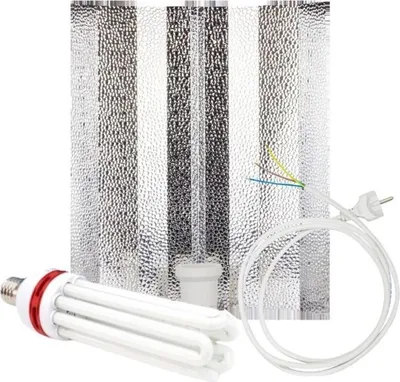 A grow light reflector, a compact fluorescent lamp (CFL) bulb, and a power cord are displayed against a white background.