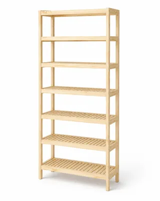 Image de Étagère en bois, 7 étagères, 253x70x38 cm, en pin massif, grande étagère en deux parties, non traitée, idéale pour la cave, le garage ou la pièce de rangement