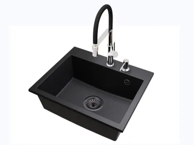 Produktbild von Küchenspüle Granit EXCLUSIVE 55 mit Armatur, schwarzem Siphon und Seifenspender