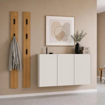 Produktbild von Garderobenset 3-teilig mit Schuhschrank & 2 Garderobenpaneelen in Beige mit Eiche - LAPUA-01