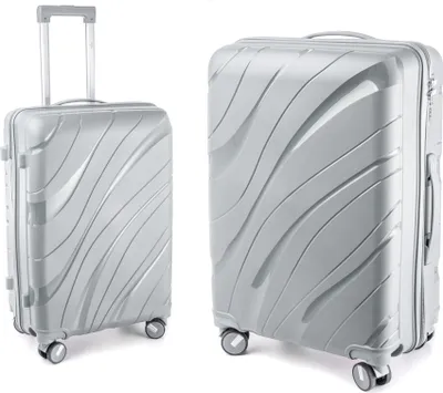 Two silver suitcases of different sizes are shown against a white background.