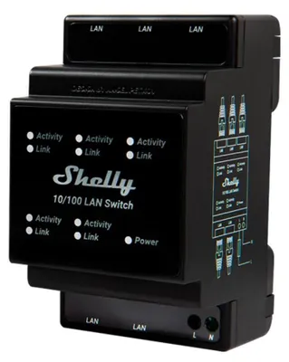 Produktbild von Shelly LAN-Switch für DIN-Schiene, 5 RJ45-Ports, einfache Installation und Konfiguration