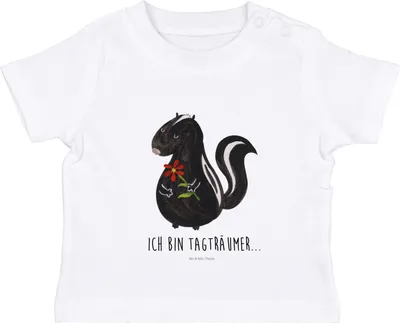 Produktbild von Mr. & Mrs. Panda  T-Shirt Stinktier Blume 6. - 12. Monat - Weiß - Geschenk, Öko Baby, Dreams, Raubtier, Skunk, Oberteil, Babyshirt, Wildtier, Stinker, Kinder