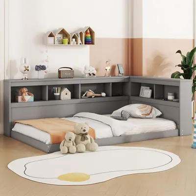 Immagine prodotto di Letto a terra singolo, 90x200 cm, con spazio contenitore e presa di corrente, colore grigio
