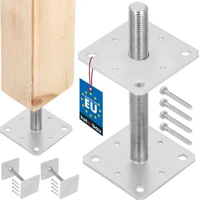 A product image showing several metal post supports and a wooden post, along with screws and a "Made in EU" tag.