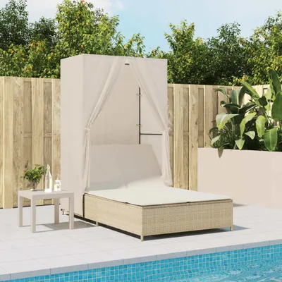 Produktbild von "2026 Promotion" Doppel-Sonnenliege, Gartenliege 2-Personen, mit Dach und Vorhängen Beige Poly Rattan - Liegestuhl CC22374
