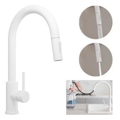 A white kitchen faucet is shown in a studio shot and a lifestyle setting.
