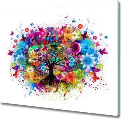 Produktbild von Glas Herdabdeckplatte 60x52 cm Spritzschutz Glasabdeckplatte Schneidebrett Bunter Baum