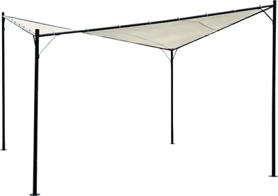 A white background with a black metal frame gazebo with a white fabric canopy.