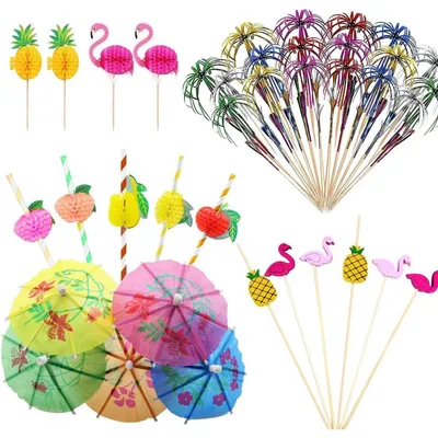 Produktbild von 150er Set Cocktail Deko Spieße mit Schirmchen, Feuerwerk, Palmen, Ananas, Flamingo - Gemischte Farben