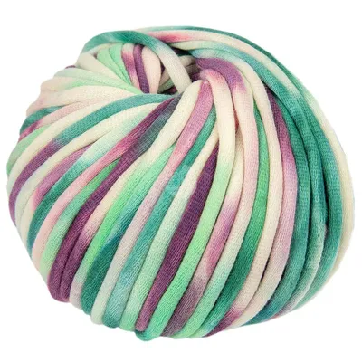 A ball of yarn with a tie-dye pattern.
