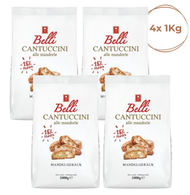 Produktbild von Belli Cantuccini Mandelgebäck 4x1KG [DOPPELT GEBACKEN] mit 18% Mandel-Anteil und Blütenhonig | Italienische kekse | Vorratspackung | Biscotti di Prato
