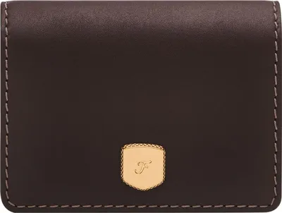 A close-up, front-facing view of a dark brown leather wallet with a gold crest logo.