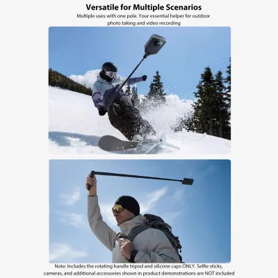 Productafbeelding van 360° draaibare selfie-stick met statiefbevestiging, geschikt voor Insta360 X3/X4/X5 en OSMO360. Draagbare action camera houder met twee 1/4-inch schroefgaten