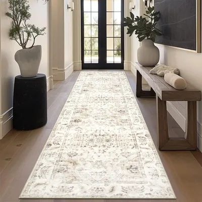 Obrázok produktu pre Omgoods – Vintage koberec s geometrickým vzorom, vhodný do chodby – 80 x 300 cm, umývateľný, krátky vlas, béžová farba