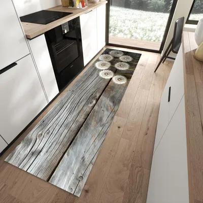 Produktbild von Küchenläufer 80 x 280 cm Grau rutschfest & waschbar – Küchenteppich Pusteblumen auf Holz PVC Teppichläufer Küche