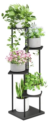 Immagine prodotto di Portap piante a 5 livelli, supporto per fiori alto 106 cm, scaffale a gradini per piante in legno e metallo, decorazione per balcone, giardino, soggiorno, ufficio, colore nero
